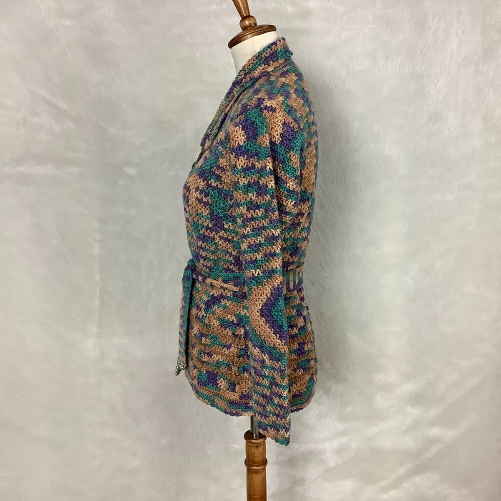 Vintage 70s Tan, Green Blue & Purple Belted Crochet Cardigan Sweater S - Picture 4 of 6